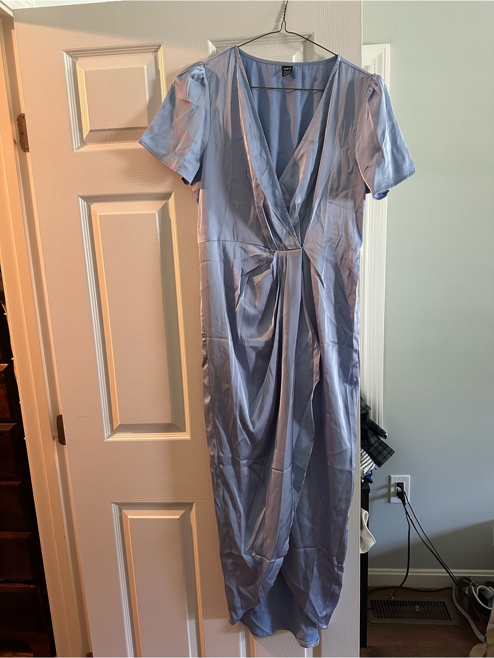 SHEIN Light Blue Satin Midi Dress with V-Neck and Gathered Waist NWOT
